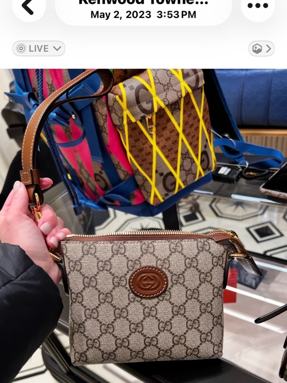 Gucci Brown GG Supreme Canvas Wristlet with Tan Leather Trim.